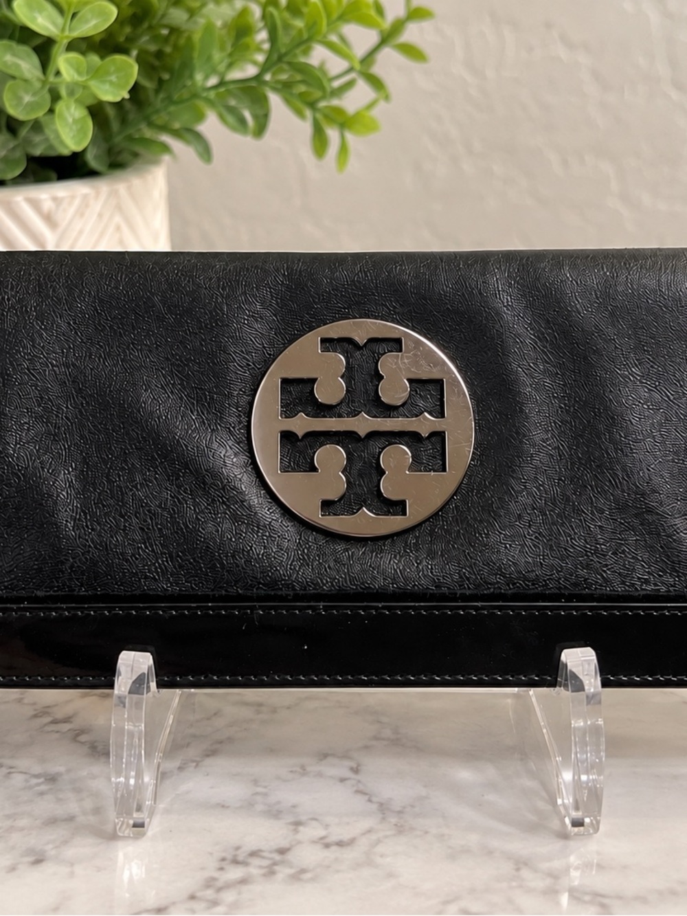 Tory Burch Black Leather Continental Wallet Double T Logo Zip Around